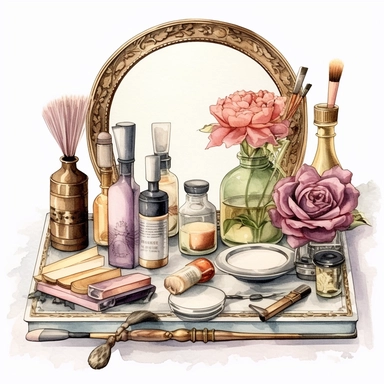 watercolor, hyper realistic, white background, white margins, 16k, ultra detailed clipart, cut out image, hand-drawn An antique-inspired vanity tray with vintage perfume bottles arranged on it, accompanied by a mirror, a brush, and other beauty accessories. Use soft and muted colors such as dusty rose, antique gold, lavender, and sage green for a vintage-inspired palette