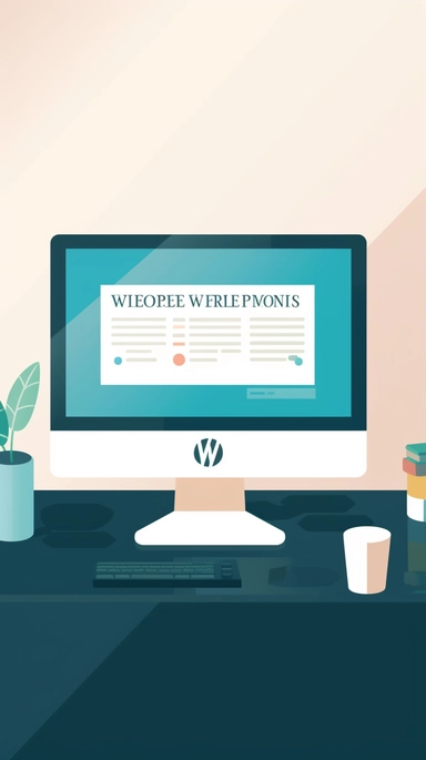 A clipart image featuring a computer monitor displaying a website with the WordPress logo, while itself appearing on the screen of another monitor. The website is simple yet elegant, with a clean layout and typography, and the WordPress logo adds an element of familiarity and trustworthiness. The monitors sit on a bright background, suggesting a clean and well-lit workspace. The image has a minimalist style, with flat design elements and muted colours, executed as vector art,
