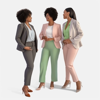 Three African American women. full-body poses, talking with each other, all are wearing business attire in shades of light pink and light green, clipart, hyper-realistic, 4k resolution, white background