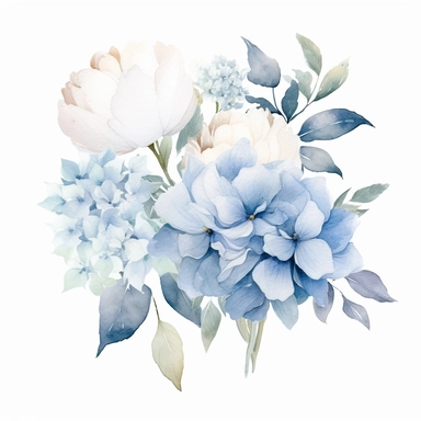 Dusty blue and white hydrangea and peony flowers field watercolor, watercolor premade border, white simple background, no grass or green ground in the scene, no sky, pale watery color, hand painted original, pastel colors, Watercolor Flowers Clipart, airy dreamy pale color, modern minimal, v 4