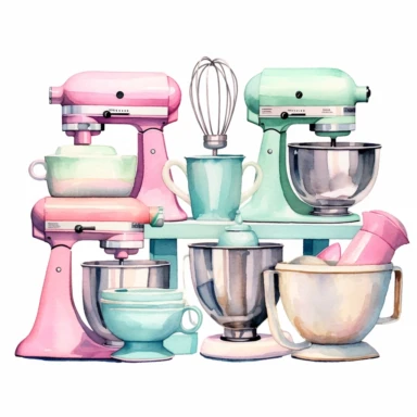 watercolor kitchen tools clipart, fiestaware, mint colored stand mixer, baking tools, pastel pink, pastel blue, pastel green s 1000