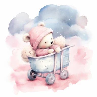 clipart, a whimsical illustration of a contented, loving and angelic baby teddy bear, wearing pajamas and pajamas hat, sleeping on a baby cart, surrendered by pink fluffy clouds, Use a smooth and light watercolor technique to give the artwork a dreamy and ethereal quality