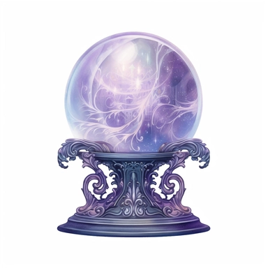 Create an enchanting clipart of a mystical crystal ball against a pristine white background. The crystal ball should have a soft, ethereal glow, held within an intricately carved pedestal. Depict swirling mists and vivid visions within the crystal ball's translucent depths.