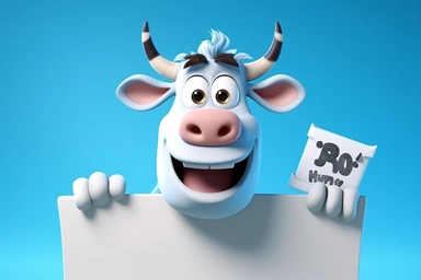 character cartoon cow with banner in clipart 3d image, in the style of unreal engine 5, natalia rak, movie still, matte photo, lightbox, relief, white and cyan