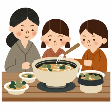 family sitting at chabudai eating nabe, transparent white background, flat clipart style