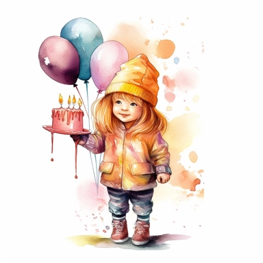 watercolor of a birthday small girl isolated on a white background, detailed ,realistic ,rtx on,textural richness,colorful imagery,digital illustration, clipart,