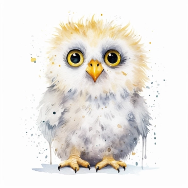 a delightful watercolor clipart image with a white background, portraying an extremely happy smiling baby snowy owl with fluffy feathers and bright yellow eyes.
