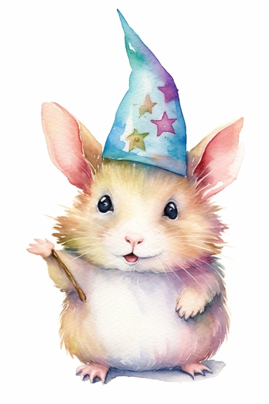 Create a watercolor clipart picture of a happy unicorn hamster with a unicorn horn, white background. The hamster should have a cute and happy expression, with its fur depicted in soft watercolor textures.