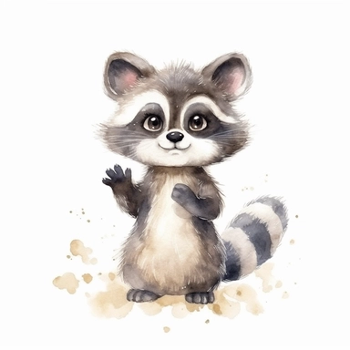 an active baby raccoon with kind eyes clipart with watercolor illustration,full body shot,8k,etsy style, white background