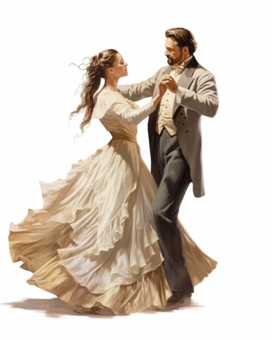 detailed beautiful lady , dressed in a victorian vintage dress , dancing with a man, hyper realistic, 8k, isolated on white backgorund, clipart