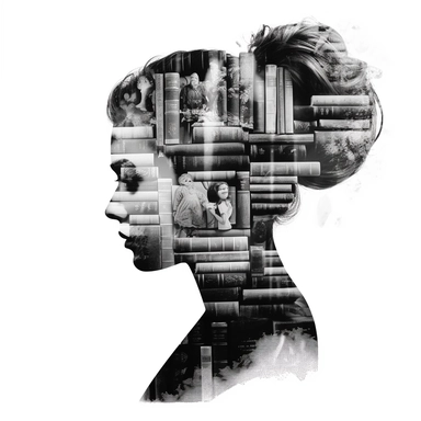 double exposure: a black shape of a beautiful girl's head with a messy bun, inside there is a bookcase with lots of books, clipart, isolated on white background, 4K,