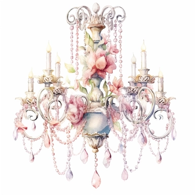 Make a clipart of a shabby chic, fairytale watercolor victorian chandelier, rococo, hd, white background