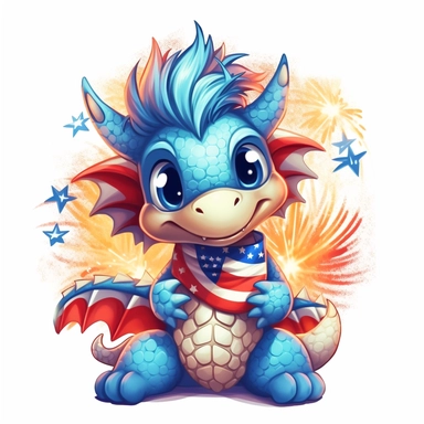 illustration of cute baby dragon in red white and blue american flag colors, celebrating 4th of july with fireworks, clipart svg, white background