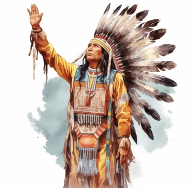 clipart, detailed watercolor, native america, indian praying to god raising hands to the sky, national costume, full length including legs, photorealistic 3D