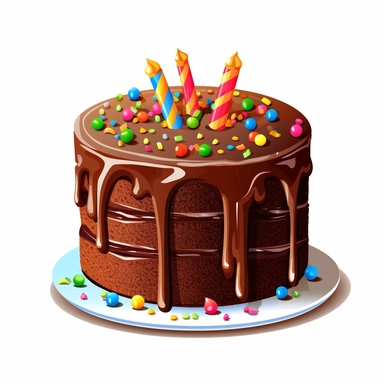 Generate a clipart image of a chocolate fudge birthday cake white background. Design the cake with layers of moist chocolate cake and thick, creamy chocolate fudge frosting. Add sprinkles or chocolate chips for decoration.
