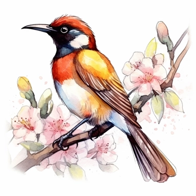 Wilson's Bird-of-Paradise on a sakura branch on a white background, illustration in watercolor style, drawing done in professional glazing technique, expressive details, realistic drawing technique, saturated colors, harmony with nature, pronounced contours, clipart, a masterpiece, white background