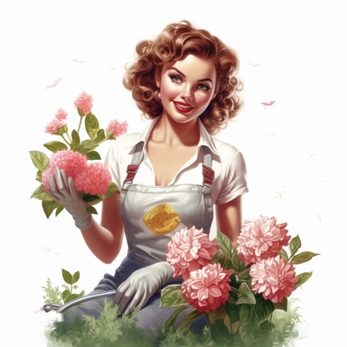 beautiful pretty pin up woman, makeup and hair 50's style, diferent cleaning poses,gardener dressed, plants in her hands, and a lace on her hair, all in 50's style, paint art style, detail, clipart, white background, superrealistic, one of a kind