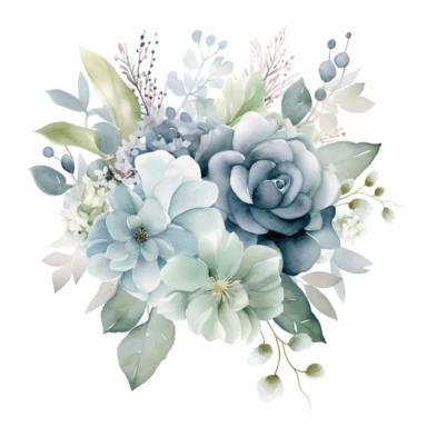 Shimmering silver and soft dusty blue flower bouquet, Dusty blue hydrangeas, silver brunia berries, silver-toned dusty miller leaves, and roses, with ombre sage green leaves, watercolor, uplighted, white background, 300 dpi, suitable for a clipart, no frame, no mock up