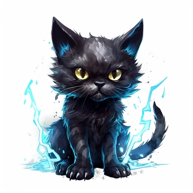 watercolor of cute electrical god cat, black lightning strikes, vector free clipart illustration, in the style of unreal engine 5, 32k uhd, detailed features, white background