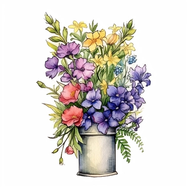 Design a captivating hand-drawn watercolor clip art image of a family gift niche embellished with birth flowers. Customize the image for a family of five: a February baby (Violet), an April baby (Sweet Pea), a July baby (Larkspur), an October baby (Marigold), and a December baby (Holly). Enhance the image by including delicate watercolor foliage surrounding the birth flowers, adding depth and a touch of nature to the composition.