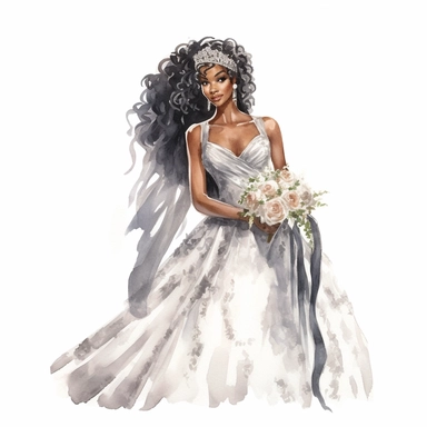 Watercolour of a black bride , Clipart,Cartoon,hyper realistic, intricate detail, illustration style,high resolution, isolated on a white background