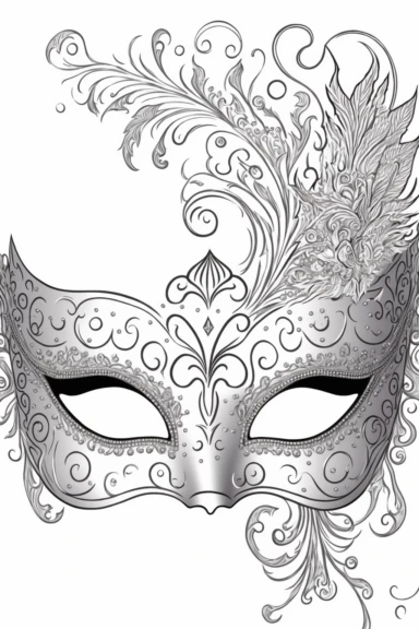 an outlined Mardi Gras mask decorated with glitter and jewels, Coloring Book, white background, black and white, [clip art]