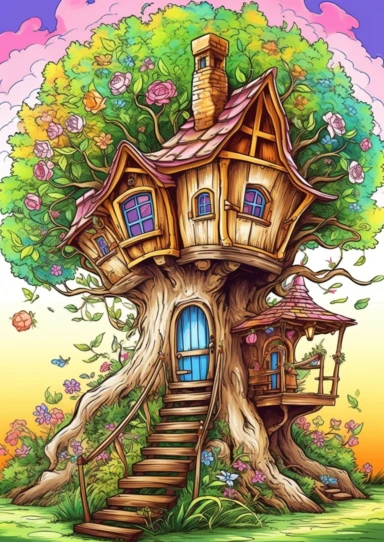 Coloring page for children, colorful, simple whimsical fantasy fairy tree house in a magical world setting, flowers, realistic stairs, cottagecore, clipart, entire illustration on page