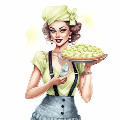 hand drawn pin up woman, wearing a bakers hat, light blue and white striped apron, holding a key lime pie anf limes, glamorous, half body, very detailed and realistic, watercolor, white background with margins, clipart style