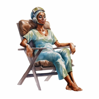 watercolor clipart of latina african american woman sitting with clay face mask on, sitting in a spa chair, hyperrealistic, white background