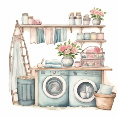 whimsical watercolour cute clip art laundry room