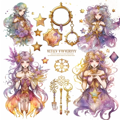 watercolor witchcraft set of golden Key, watercolor clipart, isolated elements, in the style of the stars art group (xing xing), tanya shatseva, artgerm, Josephine Wall, pastel colors scheme, charming character illustrations, cute cartoon, beautiful facial features, detailed costumes, lovely, uhd image, transparent/translucent medium, bloomcore, matte painting, white background