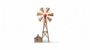 Envision a classic western windmill, standing alone against a stark white background. The windmill is a symbol of the old west, with its wooden structure and spinning blades. The medium is a clipart style, with clean lines and a minimalist aesthetic. The style is reminiscent of vintage western illustrations, with a focus on the iconic silhouette of the windmill. The lighting is neutral, with the white background providing a stark contrast to the dark outline of the windmill. The colors are monoc