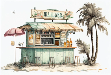 beach bar, summer, pastel color, clipart,clean, watercolor, illustration, detailed, no background,