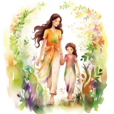 Watercolour illustration, A beautifu mexican Mom and Me Watercolor, Clipart, High Res, Mother's Day, Mother's Love, waterpaint, fresh colors, happy, white backgroundm, simplified Art Nouveau, walking, enchanted forest, front to camera, version 4 style, high detailed, sharp