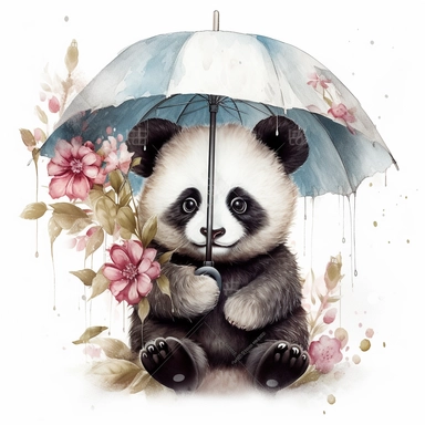 little baby panda with an umbrella, against a white background, Super Clear, Light angle, Illustration, best quality, masterpiece, floral clipart. ultra-detailed, illustration, highly detailed, watercolor_ medium