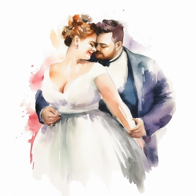 Watercolor drawing of dreamy fat couple, romantic wedding watercolor clipart, white background, isolated on white, 8k, watercolor style