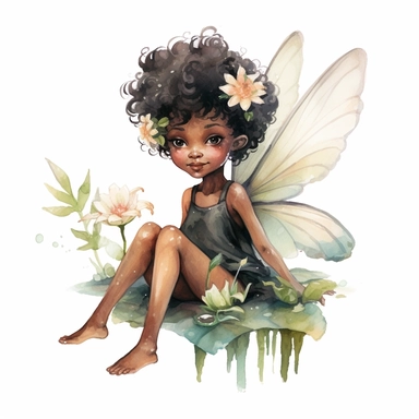 ultra beautiful cute baby girl black skin fairy elf, pixie with beautiful buttefly style wings in a sitting position holding a flower in the woods clipart, water color illustration, mary cecily baker style ,white background