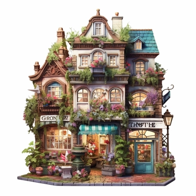 a very cute toy shop with lots of toys , clipart, exterior view, cozy, flowers, luminious, dramatic lighting, super detailed, daytime, Thomas Kinkade style, watercolor, 8k, on isolated white background