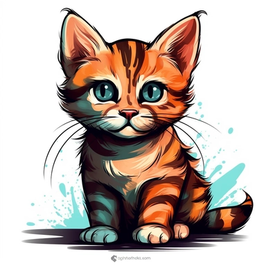 An adorable clipart design of a cute kitten with a cool and charismatic personality. The kitten is illustrated with a confident and strong appearance, showcasing its impressive physical attributes. The style of the artwork is cute and playful, with bold and vibrant colors that pop against the white background. The contour lines add depth and dimension to the image, making it a standout clipart design