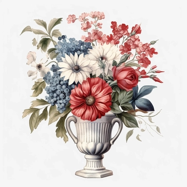 pastel red white blue color vintage wedding floral bouquet in a vase clipart