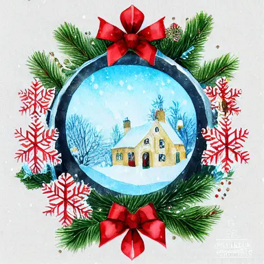 christmas, cute English country cottage, symmetrical, winter, snow, watercolor, clipart