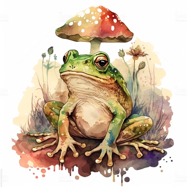 watercolour clipart artstyle paint slashes magic mushrooms enchanted mushroom toned down psychedelic effect fantasy magical frog toad sitting on top of mushroom