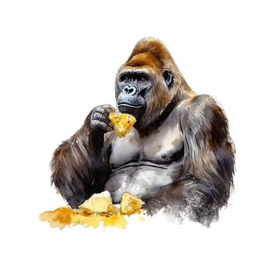 realistic watercolor gorilla eating banana on solid white background, clipart