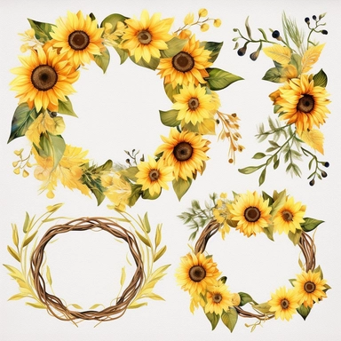 Sunflower wreath clipart, watercolor floral frames, summer clipart sublimation, boho printable decor DIY
