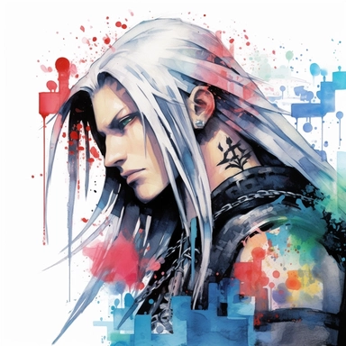 Final Fantasy VII Sephiroth with neck and face tattoos, close-up side profile, colorful graffiti background, clipart watercolor