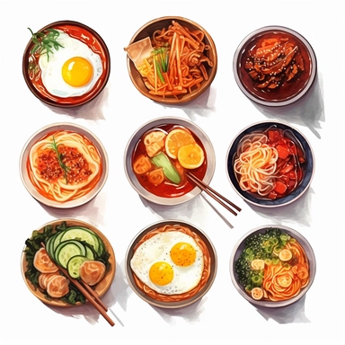 Kimchi, Korean fried chicken, Tokpokki, Ramyeon, Jajangmyeon, Kimbap, Bibimbab, Shabu Shabu, Sundubu jigae, Ginseng chicken soup, korean food, white background, clipart, Object, vector collection, 8k, watercolor
