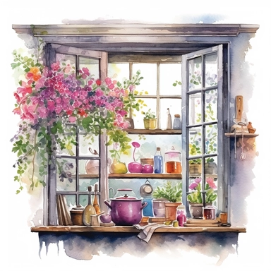 watercolor, hyper realistic, white background, white margins, 16k, ultra detailed clipart, cut out image, hand-drawn a kitchen window overlooking a vibrant garden, with pink and purple flowers in full bloom. in the style of colorful ink wash paintings, charming character illustrations, piles/stacks, creative commons attribution, digital painting, barroco