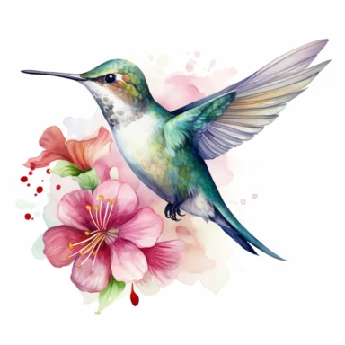 Stunning Watercolor Hummingbird with flower clipart, white background