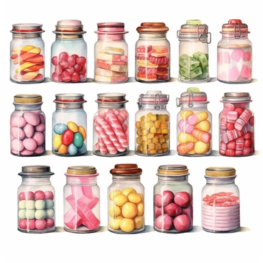 watercolor, hyper realistic, white background, white margins, 16k, ultra detailed clipart, cut out image, hand-drawn a row of glass candy jars filled with colorful Victorian-style candies, from striped peppermints to sugared almonds, capturing the nostalgic charm of a candy store.