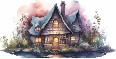 watercolor cottagecore clipart, witch's hut in an enchanted forest, in the style of reimagined by industrial light and magic, mystic mechanisms, soft dark pastels, illusory images, serene watercolors, witchcore, lith printing, black background